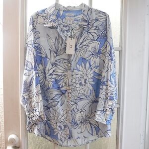 Halston Blue Floral on White 100% Linen ButtonUp Roll Tab sleeve Collared Blouse